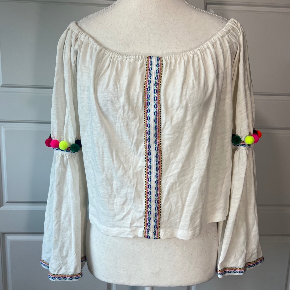 Pitusa Off Shoulder Pom Pom Bell Sleeve Top Colorful Trim Boho Bohemian One Size